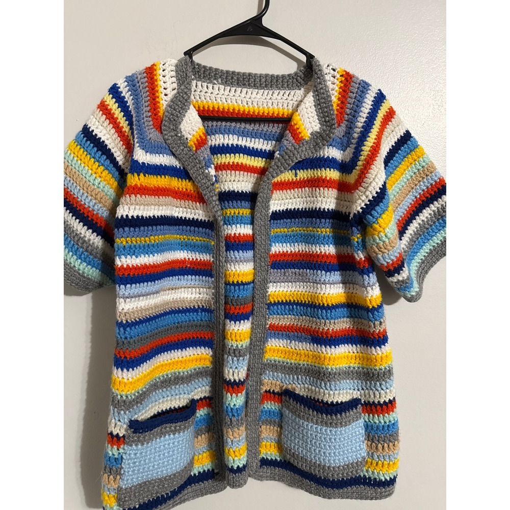 Vintage Handmade Crochet Cardigan Short Sleeve Multi-Color Boho Sweater